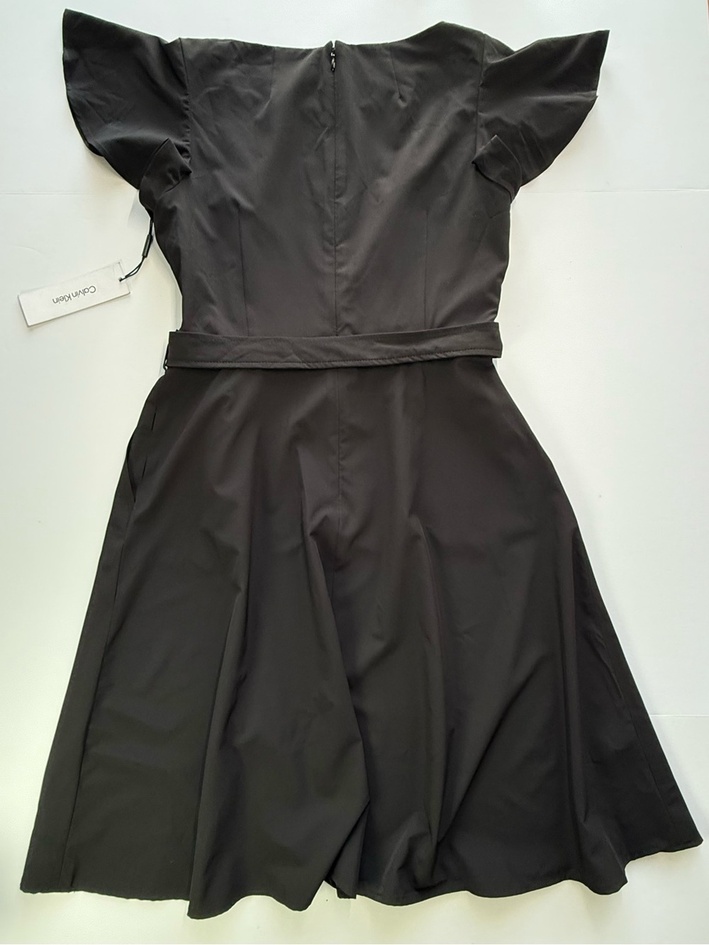 Calvin Klein Dress Womens 10 Black Fit & Flare Flutter Sleeve Belted Pockets NWT - Picture 3 of 9